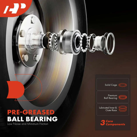 Exploded view of pre-greased ball bearing inside two pack rear wheel bearing and hub assemblies with ABS for Toyota RAV4 1996 to 2005 FWD