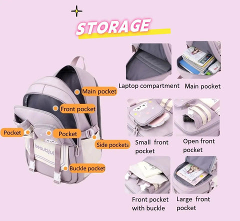 Storage features of the Cat Print Rolling Backpack For Girls And Kids With Wheels Trolley Roller Bookbag in Pink, including pockets and compartments.