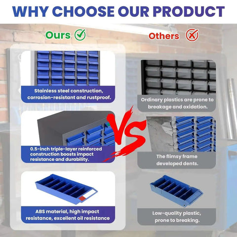 Comparison chart showcasing 75 Drawer Nut And Bolt Storage Organizer with stainless steel construction versus competitors.