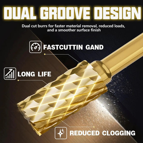 Gold Titanium Carbide Burr Set for Die Grinder, 10-Piece with 1/4 Inch Quick-Change Shank, close-up view highlighting dual groove design.