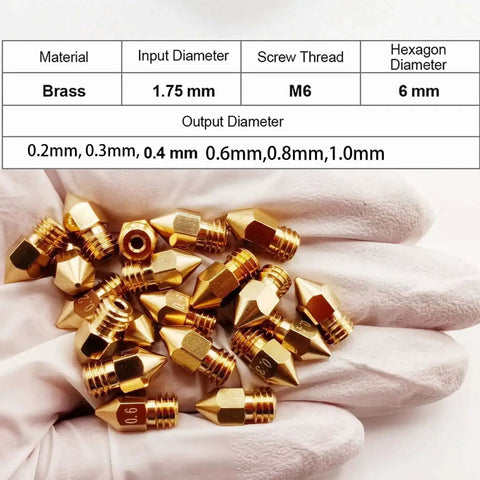 26Pcs Ender 3 Nozzles Kit MK8 Brass 3D Printer Nozzles 0.2mm to 1.0mm set shown with specifications chart and gloves