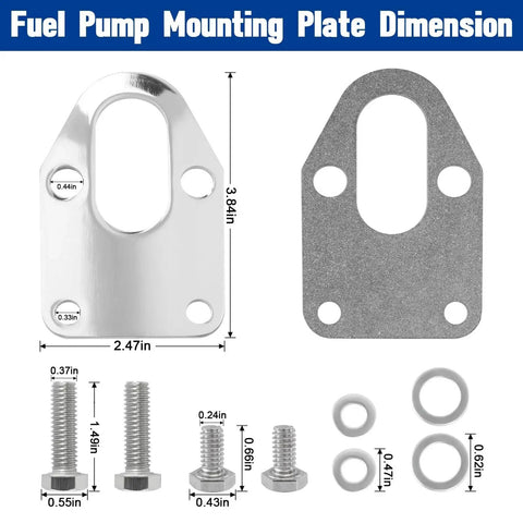 Fuel Pump Mounting Plate With Chrome Bolts For Chevy Small Block Engines 265 283 305 307 327 350 400 Fits Mechanical Fuel Pumps With Gasket For Tight Seal And Easy Mount, showing plate dimensions and components