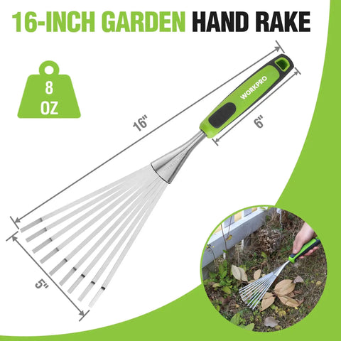 Handy 16 Inch Compact Stainless Steel Hand Rake With Soft Grip Handle shown with dimensions and in use on leaves.