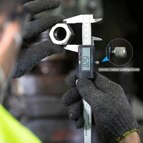 Close-up of a hand using digital caliper with Ten Pack Vernier Caliper Locking Screws M2x5mm Round Flat Head Knurled Thumb Knob Bolts.