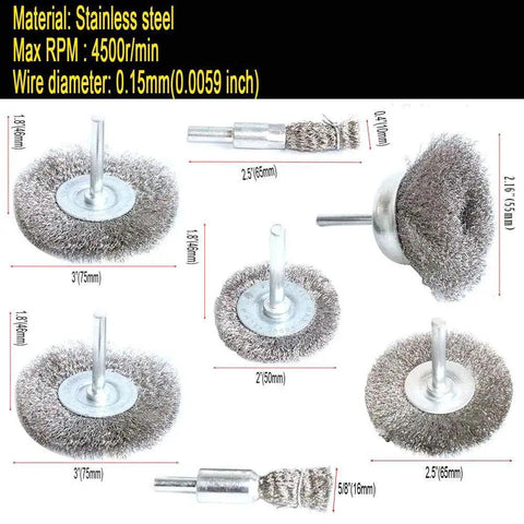 7 Piece Boss Grade Stainless Steel Wire Wheel And Crimped Cup Brush Kit For Drill And Rotary Tool Fine 0.0059 Inch Wire One Quarter Inch Shank Rust Removal Deburring And Paint Stripping Up To 4500 RPM FPPO shown in various sizes and shapes