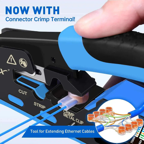 Close-up of All In One Ethernet Crimping Tool Kit With Wire Stripper, showing crimping action on Cat7 cable.