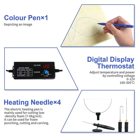 4 In 1 Foam Cutter Set With Digital Voltage Controller For Safe Precise Styrofoam Cutting And Craft Pen Tools GOCHANGE 100 To 240 Volt 18 Watt Electric Cutter Pen With Transformer Adapter For DIY Makers And Hobbyists showing color pen, digital voltage thermostat, and heating needles.
