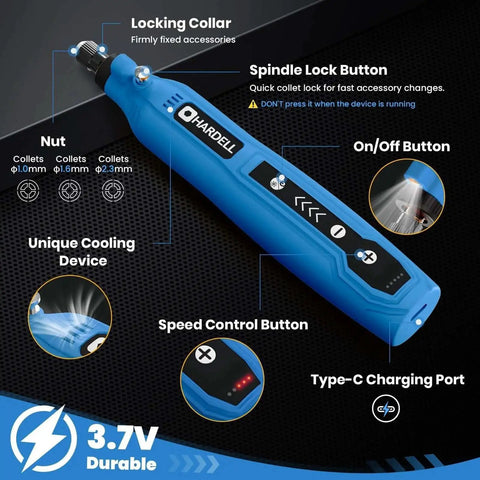 Cordless Rotary Tool Kit With 69 Accessories 3.7V Mini Power Drill Type C Charging 5 Variable Speeds and details highlighted
