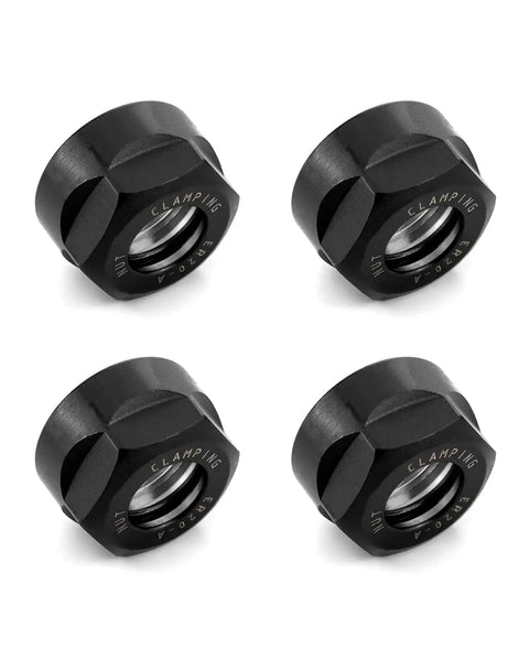 Set of four black ER20 A Collet Clamping Nuts for CNC Milling Chuck Holder Lathe, precision ground hardened 40CR steel.