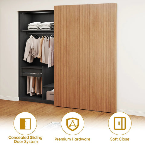Hidden Barn Door Hardware Kit With 48 Inch Track System installed on wooden door over closet