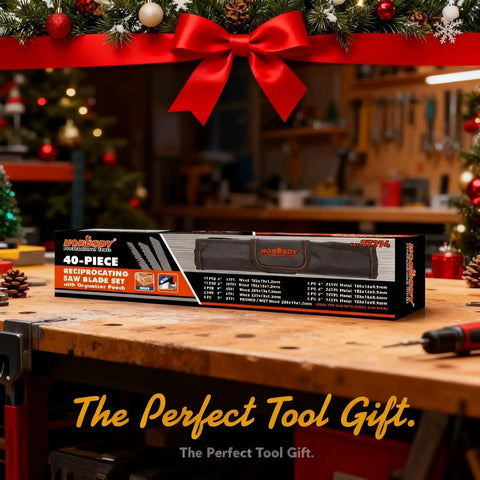 40 Piece Reciprocating Saw Blade Set For Wood Metal PVC Pruning And Wet Wood Cuts With Storage Pouch Bi Metal High Speed Cr V Blades 3 To 24 TPI For Tough Jobs And Long Lasting Sharpness Pro Grade Quality Beast Mode Ready boxed on a workbench with a holiday theme.