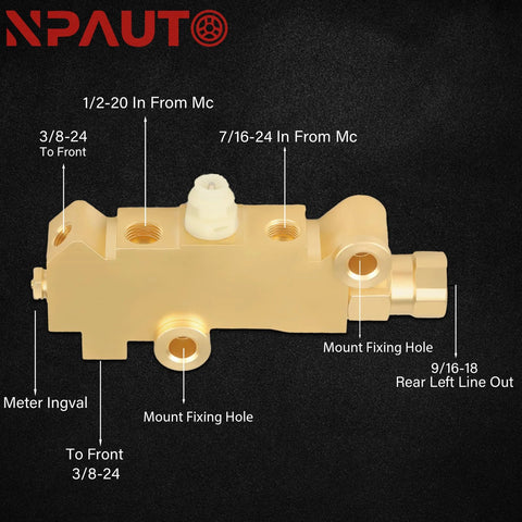 Brass PV2 brake proportioning valve for disc-front, drum-rear brakes; NP Auto logo visible
