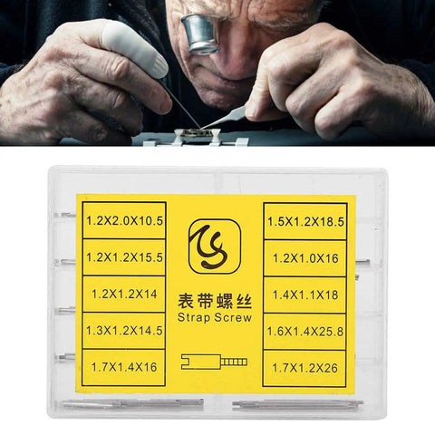 Man repairing watch above watch band pins and spring bar replacement kit for easy no sweat fixes stainless steel pins in two boxes.