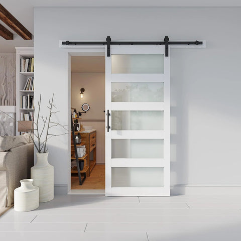 36 Inch By 84 Inch Glass Barn Door Slab In White MDF With Frosted Glass PVC Surface Includes Six Point Six Feet Hardware Kit Door Handle And Floor Guide DIY Friendly And No Fuss Ready To Install installed in living space
