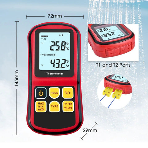 Thermocouple thermometer, front view, red handheld dual-channel with LCD display and two T1/T2 ports