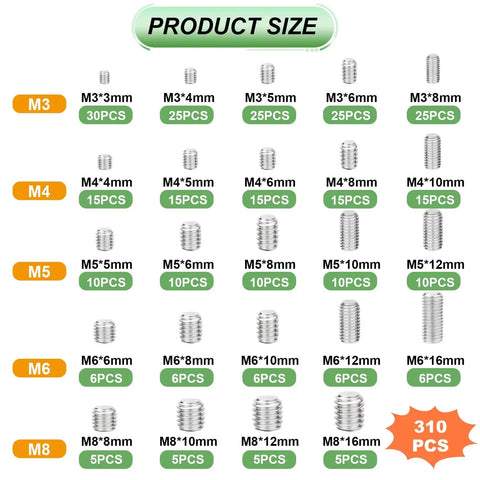 304 Stainless Steel Metric Set Screw Kit With M3 M4 M5 M6 M8 Sizes Grub Screws And Hex Wrenches product size chart