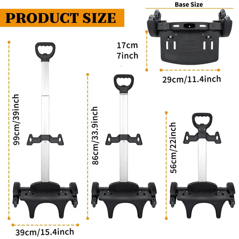 Six Wheel Backpack Trolley Rolling Dolly Cart dimensions showing adjustable height and base size for travel luggage use.