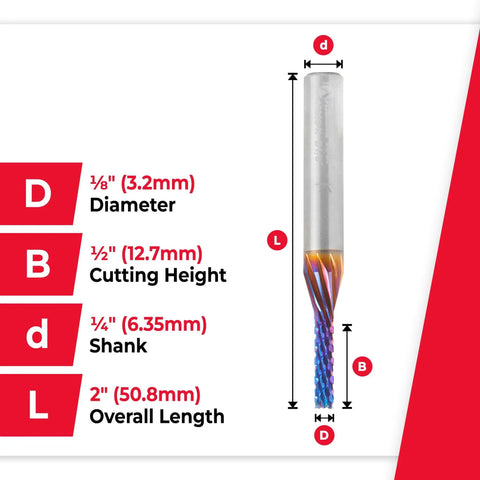 Spektra Coated Solid Carbide Down Cut Router Bit For Carbon Fiber Panels And Graphite, 1/8 Dia, 1/2 Cutting Height, 1/4 Shank size chart