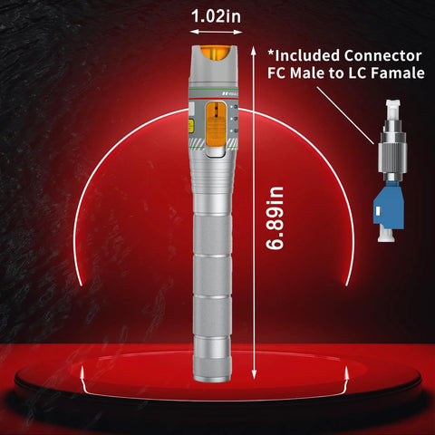 Fiber Visual Fault Locator pen, silver metal body, red light, 6.89 in long, SM 9/125µm; FC male to LC female adapter kit.