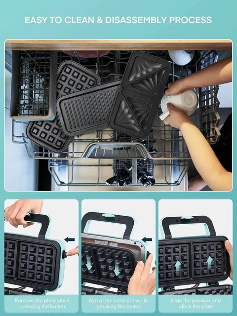 All-In-One Waffle Maker And Panini Press With Removable Plates, 1200W Powerhouse, shown being cleaned with removable plates in dishwasher