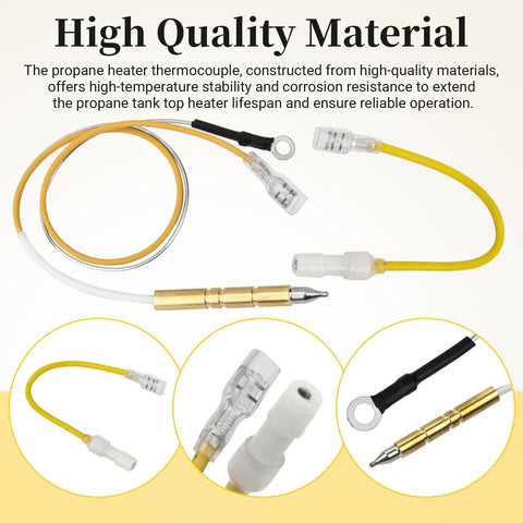 Propane tank-top heater thermocouple safety assembly with yellow lead, brass sensor, white connectors, tip-over switch.