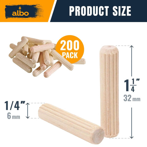 1/4 X 1-1/4 Inch Fluted Wood Dowel Pins, Birch Hardwood Dowels, 200 Pack For Woodworking, DIY Projects, Furniture Repair And Joinery