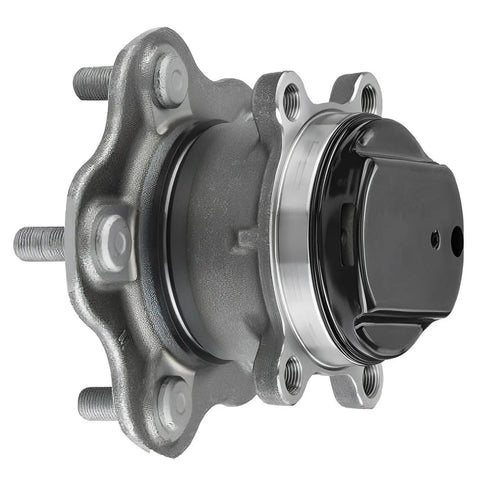 Close-up of a rear wheel bearing hub assembly for Nissan Rogue and Rogue Sport FWD 2014 through 2019, 5 lug bolt pattern, metal construction.