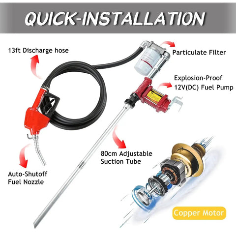 12V DC Self Priming Fuel Transfer Pump Kit with explosion proof construction, showing 15 GPM flow, particulate filter, and nozzle