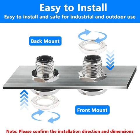 Easy installation diagram for M12 4 Pin A Code Male Connector Cable 0.7 Ft Panel Mount Extension Cable Outdoor IP67.
