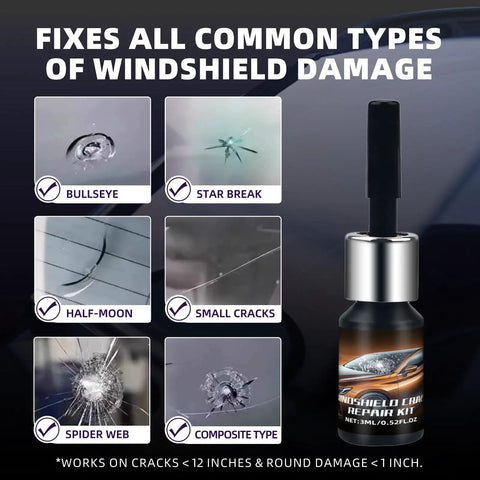 DIY Windshield Repair Kit for Chips and Cracks That Stops Spreading in Minutes with images of common windshield damages.