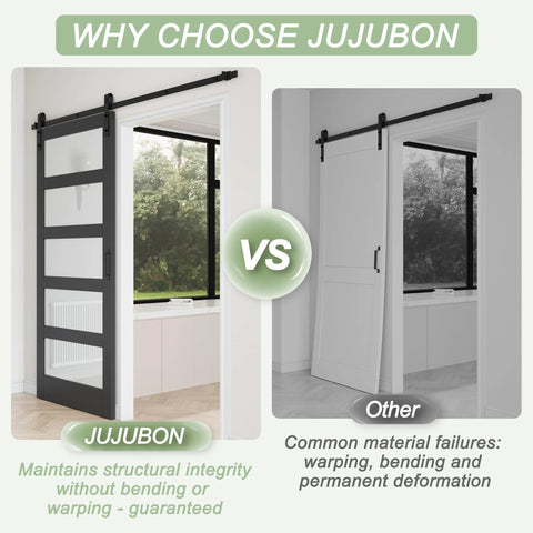 Comparison of Jujubon 48 Inch Glass Sliding Barn Door Kit With 8 Ft Track, 5 Panel Frosted Glass, Black Frame vs other door