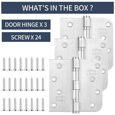 Door hinge set, XinSheng SUS-316 4x4 in ball-bearing hinges, 3-pack with 24 stainless screws.