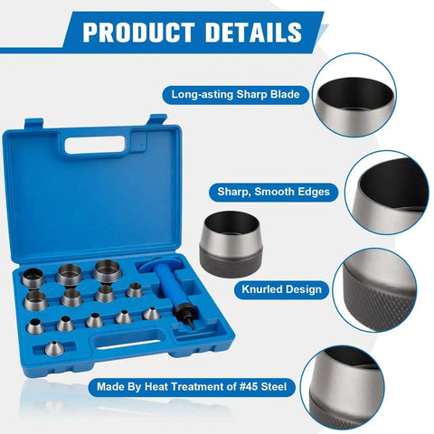 Pro Grade 13 Size Hollow Punch Kit For Leather Rubber Plastic And Gasket with easy grip handle in blue case and metal punches
