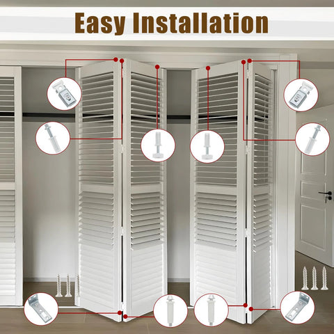 2 Pack Bifold Door Hardware Repair Kit For Folding Pocket Doors And Barn Doors Includes Top Pivots Bottom Pivots Seven Eighths Inch Guide Wheels Brackets Screws And All Hardware To Repair Doors Up To Fifty Pounds illustrated on doors
