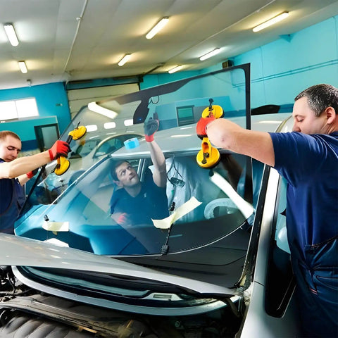 Workers using Heavy Duty Aluminum Suction Cups With Vacuum Handle to install a large glass windshield on a car in a garage