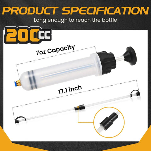 Syringe Style Fluid Evacuator Pump 200cc With Dual Hoses For Oil Change showing 17.1-inch reach and 7oz capacity.