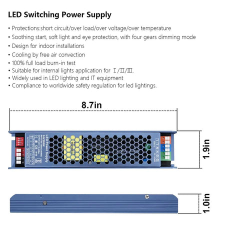 Dimensions and features of Beefy 24V 200W Constant Voltage LED Driver Power Supply with Four Gear Dimming IP20 protection.