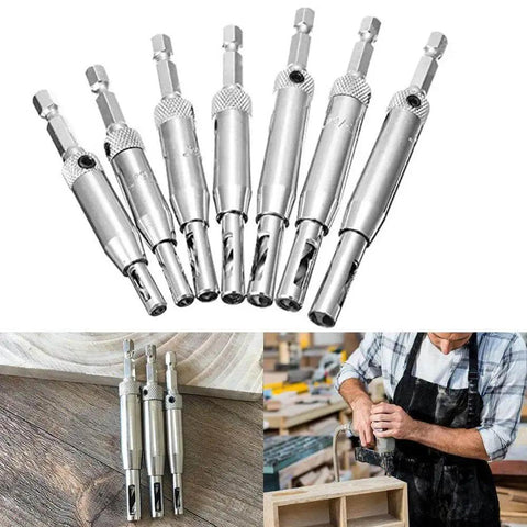 Eight Piece Center Drill Bit Set For Woodworking And Cabinet Doors, Self Centering Hinge Tapper Core Hole Puncher, drill bits displayed.