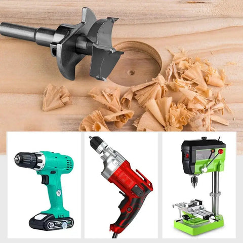 Pro Grade Carbide Tipped Forstner Drill Bit Set For Hardwood 10 Piece Woodworking Hole Saw Kit For Wood Plastic Plywood Includes 16mm 19mm 22mm 25mm 28mm 32mm 35mm 45mm 50mm 55mm And 85mm Length drilling hole in wood with shavings next to drills