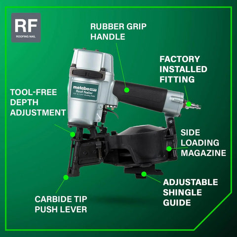 Pro-Grade Pneumatic Roofing Nailer for Asphalt Shingles, heavy duty workhorse with side loading magazine and rubber grip handle.