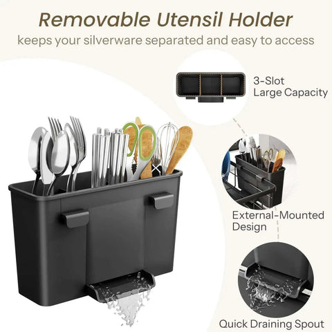 Space Saving Dish Rack For Small Kitchens With Utensil Holder And Drainboard, angled drainer close-up, 3-slot utensil holder in black.