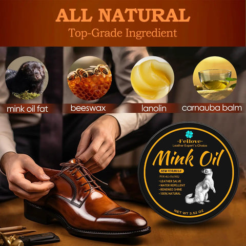 Close-up of All in One Mink Oil Leather Care Kit With Cleaner And Conditioner, Horsehair Brush, Sponge And Towel For Boots Shoes And Bags, Waterproof And Stain Resistant Leather Maintenance.