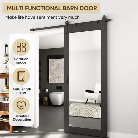 Black 32 Inch By 84 Inch Mirror Barn Door With Five Point Five Foot Sliding Hardware Kit Included No Assembly Required One Lite Full Length Solid Wood Waterproof PVC Surface installed in a bathroom