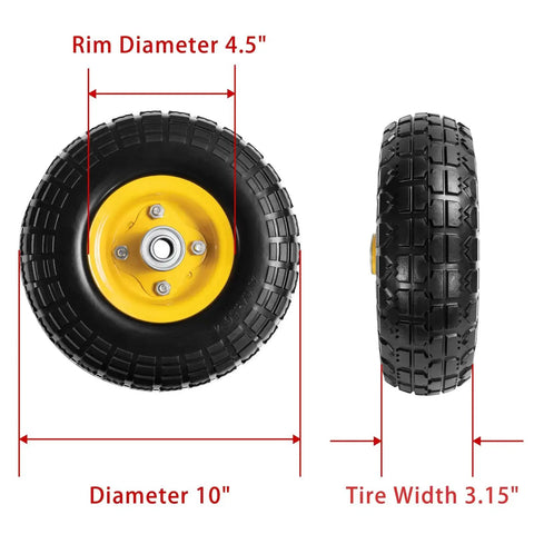 10 Inch Solid Rubber Wheel Replacement With 5/8 Inch Bearings And 2.1 Inch Offset Hub for Hand Trucks, shown front and side view