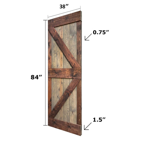 Solid Wood Sliding Barn Door 38 Inch By 84 Inch Walnut Finish With Hardware Kit, Go To Space Saver Door, side view with dimensions