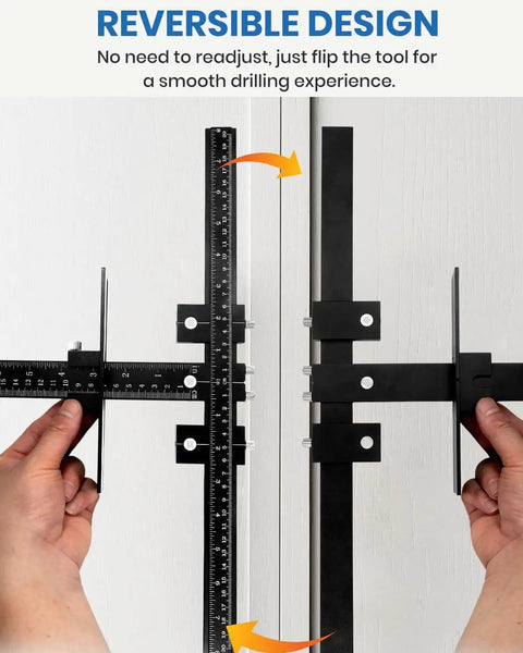 Aluminum Alloy Cabinet Hardware Jig Tool Set With Automatic Center Punch 14 Piece Adjustable Drill Guide in use on cabinet door