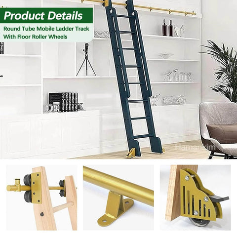 Heavy Duty Sliding Track Kit For Industrial Libraries And Shelving 330 Lb Capacity Carbon Steel Rail System With Round Tube Sliding Full Set No Ladders Included 8 Foot Track Kit Silent Smooth Rolling, installed with ladder and shelving view.