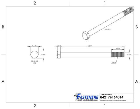 Technical drawing of 3/8-16 X 5 External Hex Head Bolts Stainless Steel 304 Partial Thread Construction Grade Screws