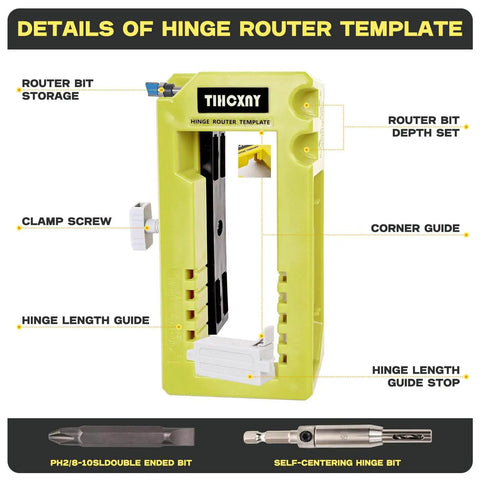 Green Door Hinge Jig For Quick Install No Fuss All In One Router Template For 3 To 5 Inch Hinges Slotting Tool with labeled parts