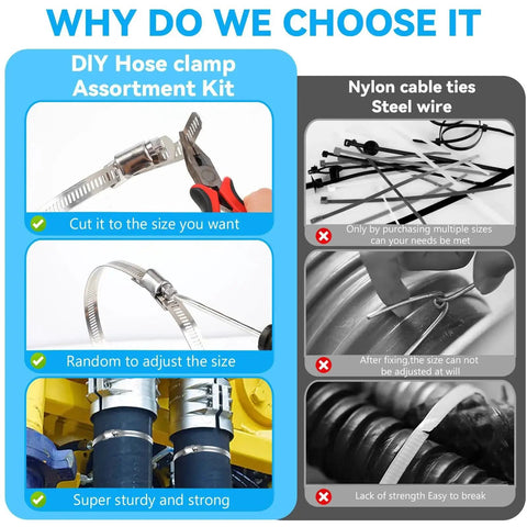 Comparison of DIY 33Ft 304 Stainless Steel Hose Clamp Kit and nylon cable ties, highlighting adjustability and strength for custom projects.